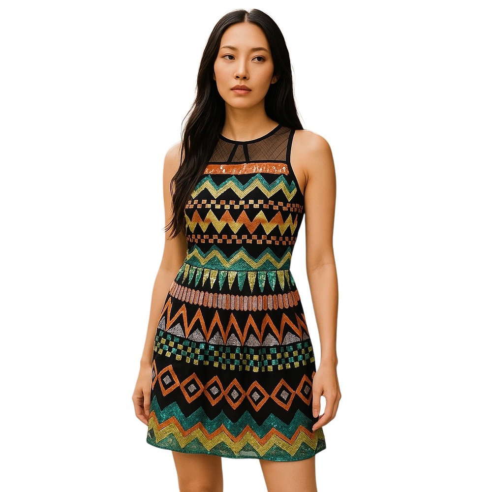 Emerald Sundae Sheath Summer Dress Small Multi Colour Party Aztec Geometric